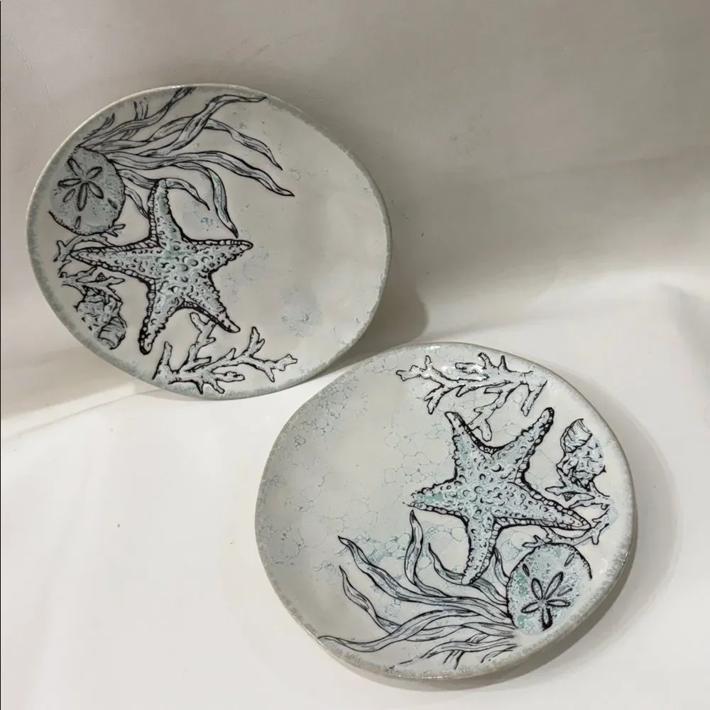 Spectrum Designz 2022 Sea Cove Island Coastal Ceramic 2 Plate Teal Blue White